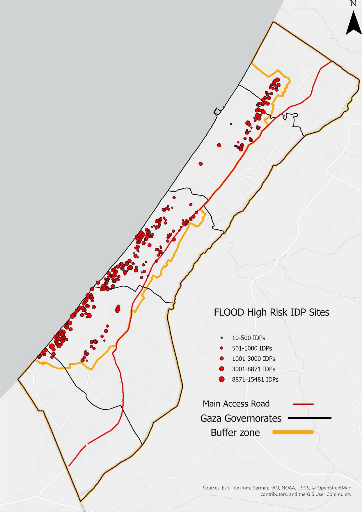 Gaza map of high-risk displacement sites represented by red circles of varying sizes, with a population-size legend