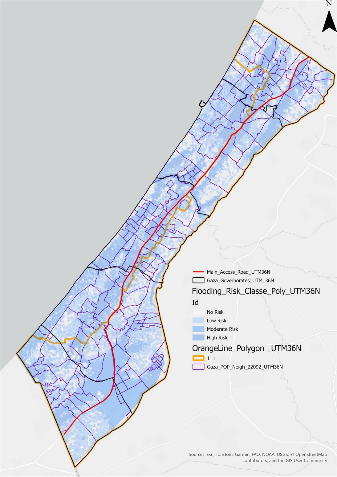 Elias Bershadsky’s map of potential flood exposure across Gaza neighbourhoods